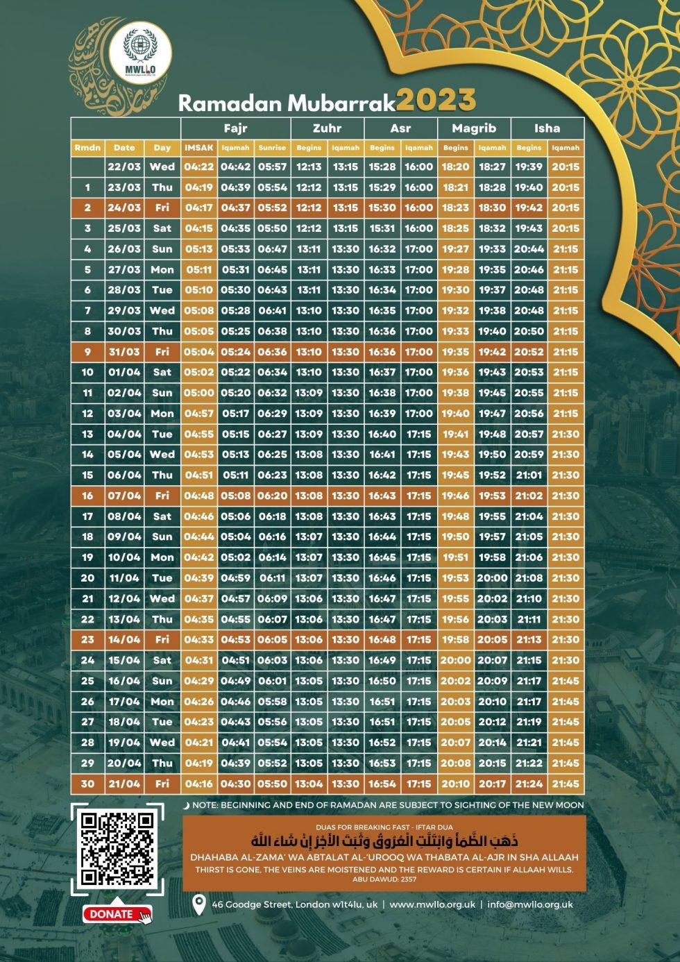 MWLLO Ramadan Calender Muslim World League London Office MWLLO