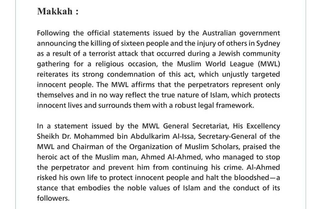 Muslim World League Reaffirms Islam’s Rejection of Violence Against Innocents